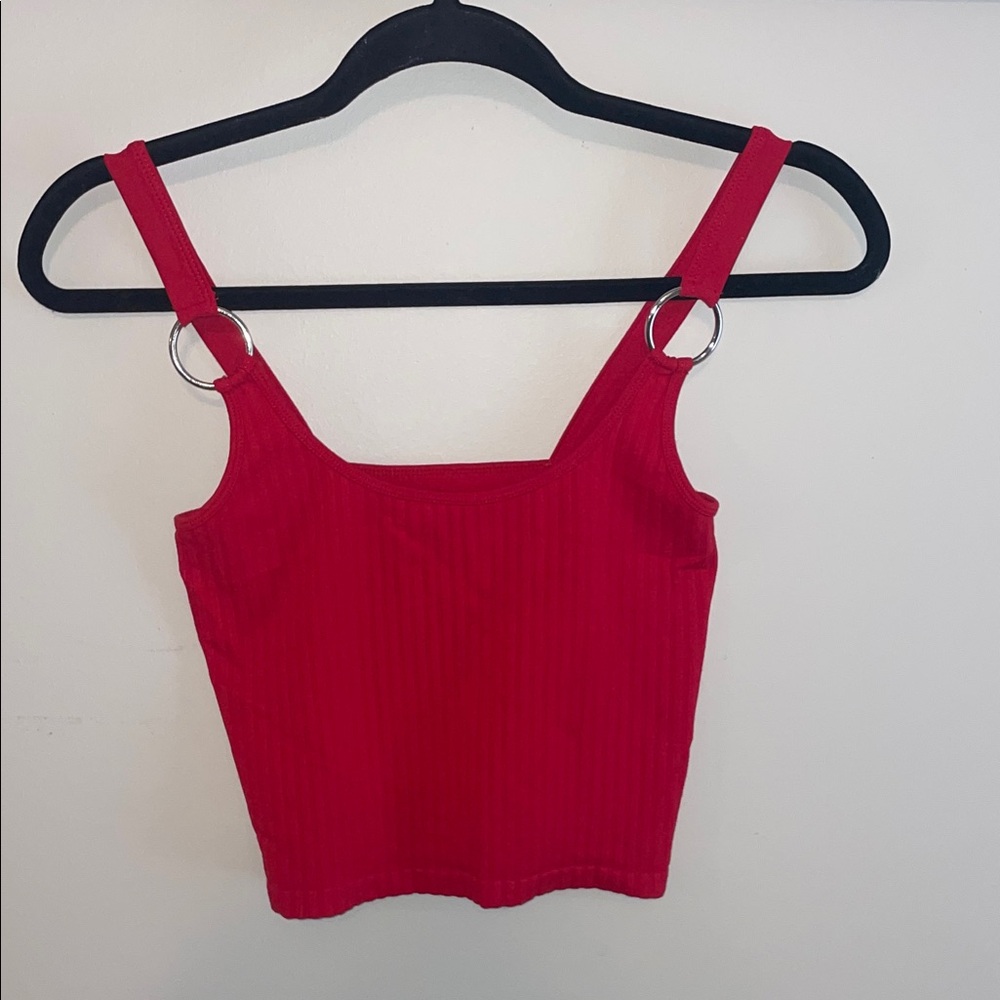 Ring-Detail Ribbed Crop Tank Top - Red